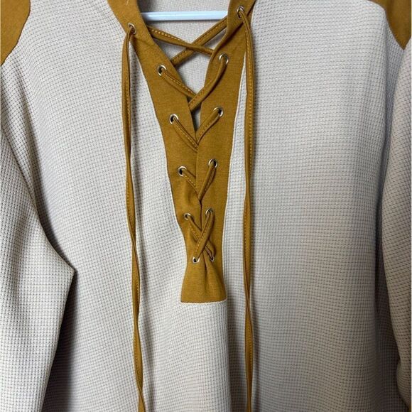 Vintage Beige & Brown Long Sleeve Lace-Up Shirt Medium - Picture 4 of 5